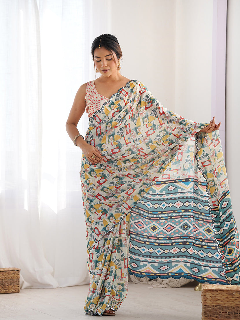 Off White Chinon Classic Saree with Digital Print