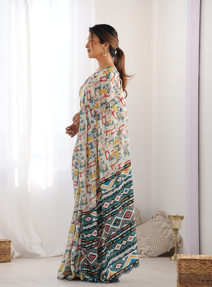 Off White Chinon Classic Saree with Digital Print