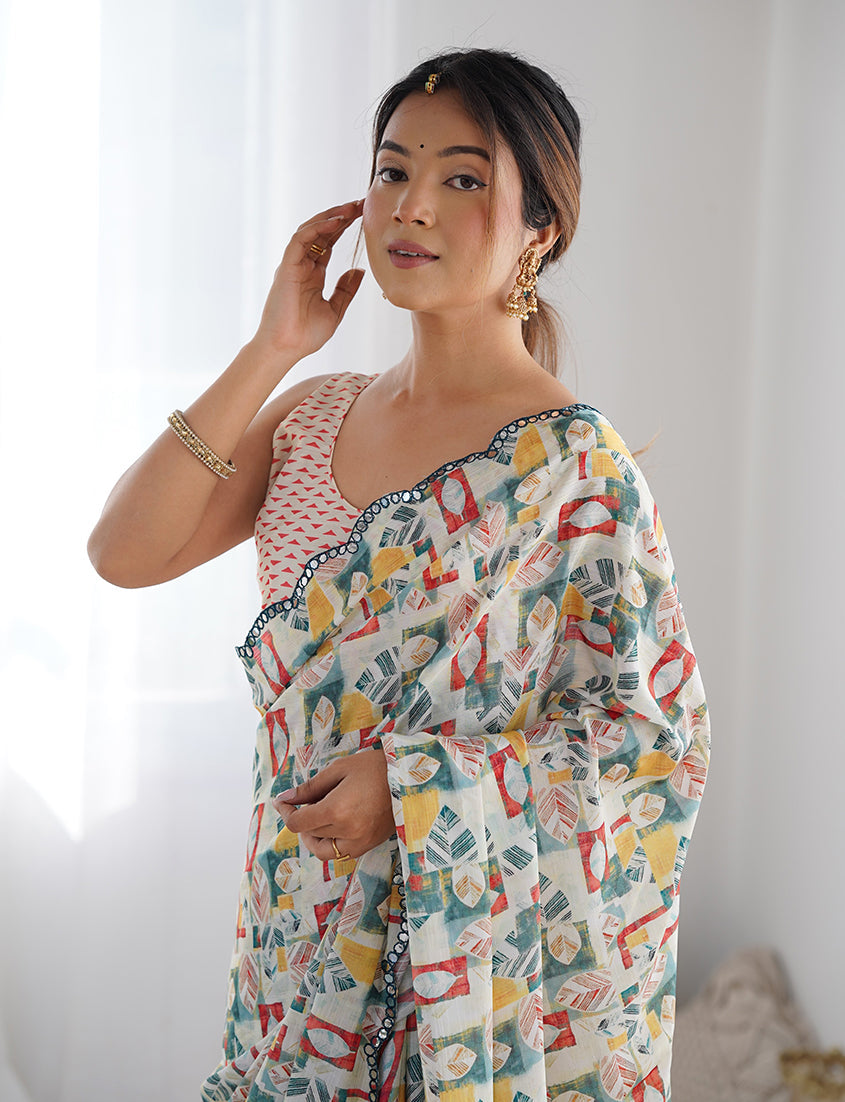 Off White Chinon Classic Saree with Digital Print