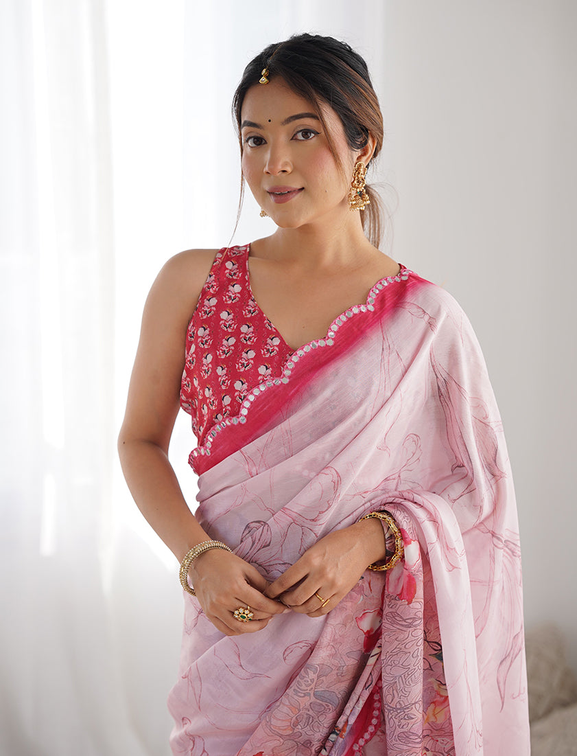 Light Pink Chinon Digital Print Classic Saree