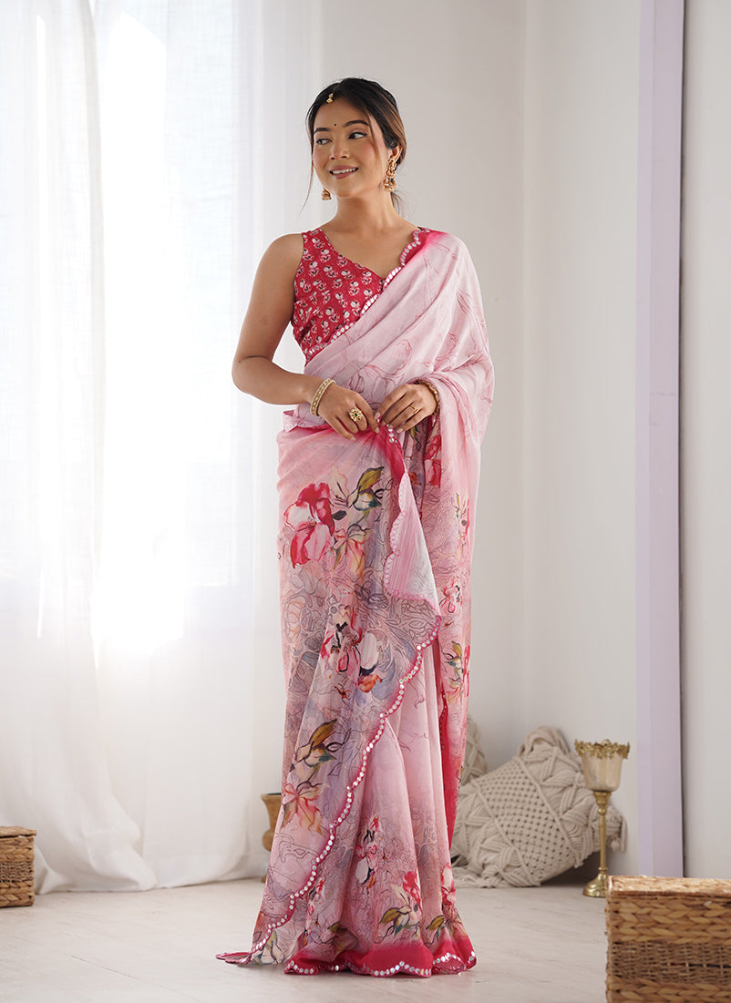 Light pink classic saree with detailed digital print
