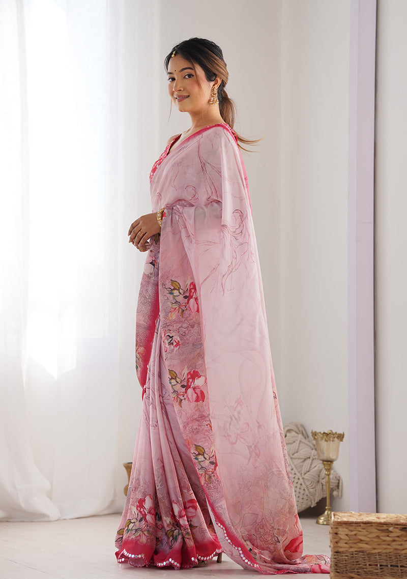 Light Pink Chinon Digital Print Classic Saree
