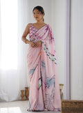 Baby pink chinon saree with digital prints and mirror work for girls