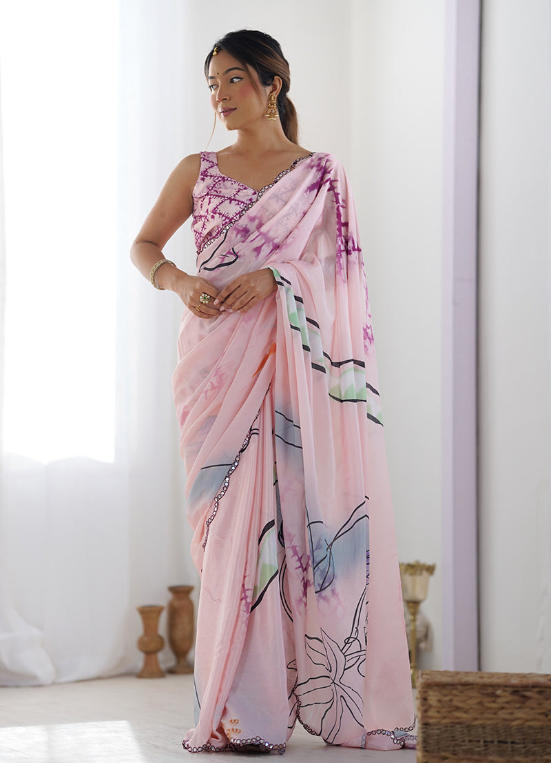 Baby Pink Chinon Digital Print Classic Saree with Mirror Work