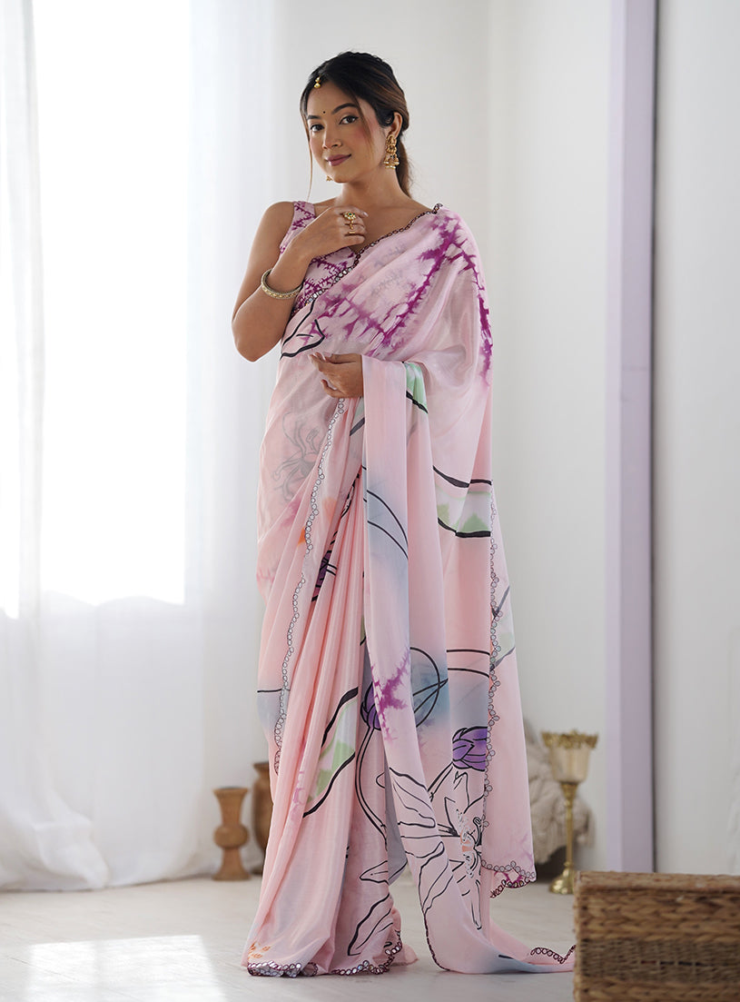 Baby Pink Chinon Digital Print Classic Saree with Mirror Work