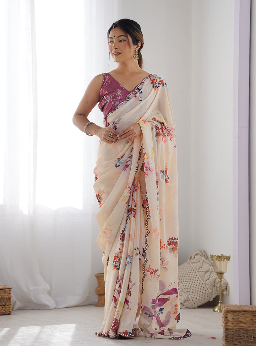 Cream colored chinon saree with a modern digital print