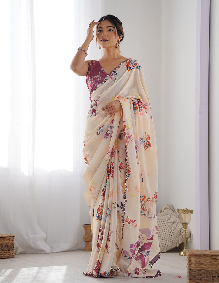Cream Chinon Digital Print Classic Saree