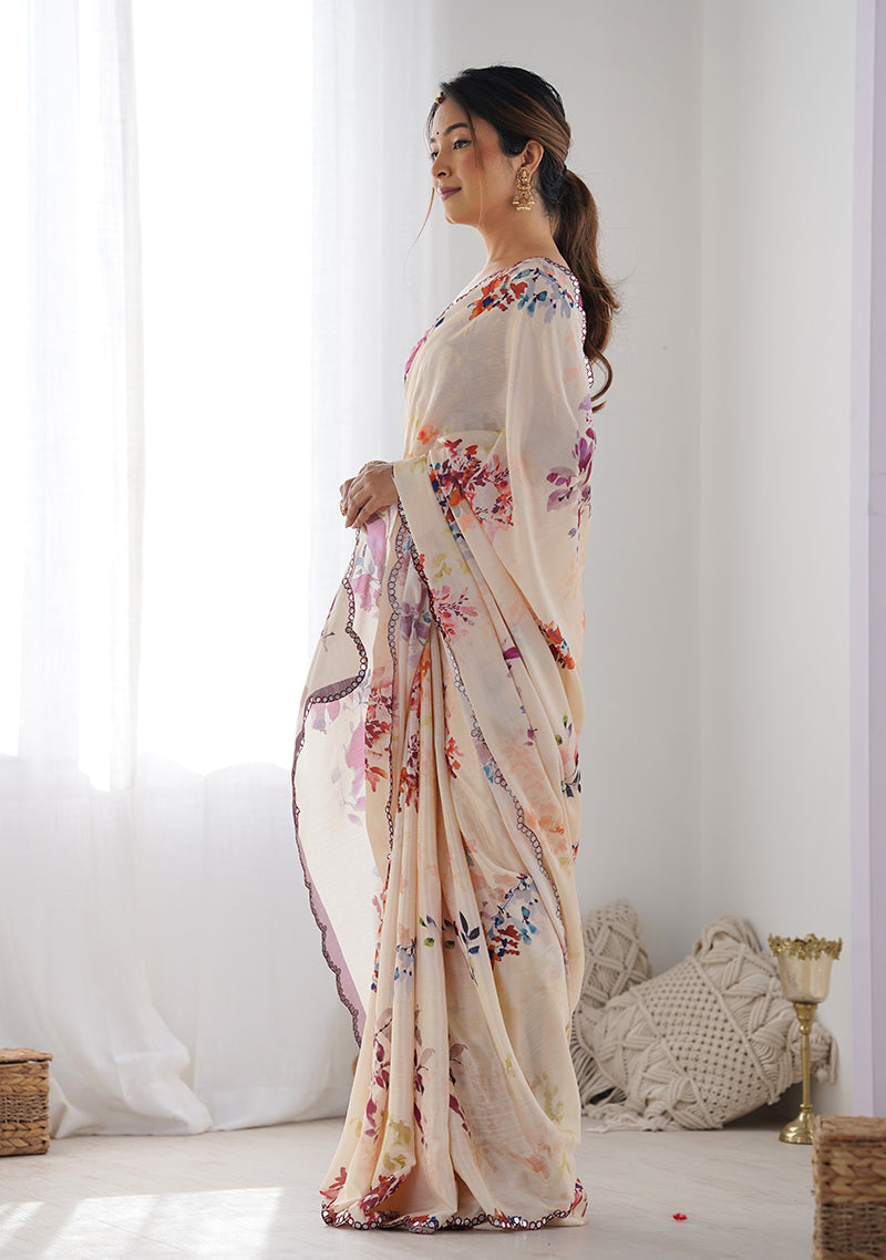 Cream Chinon Digital Print Classic Saree