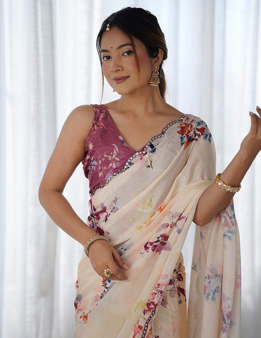 Cream Chinon Digital Print Classic Saree