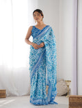 Light blue Chinon saree with vibrant digital print patterns for women