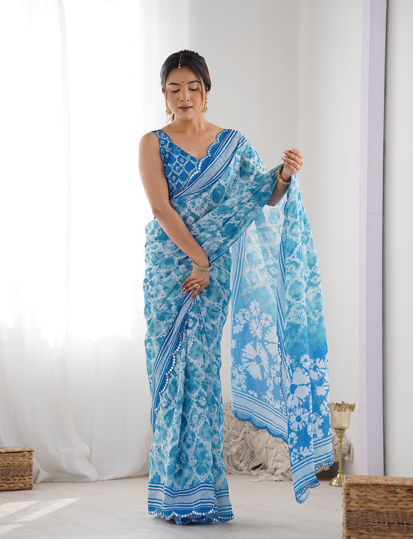 Light Blue Chinon Digital Print Classic Saree