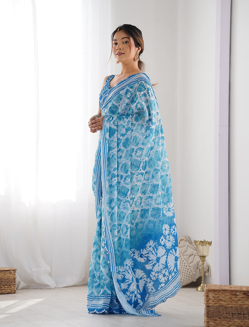 Light Blue Chinon Digital Print Classic Saree