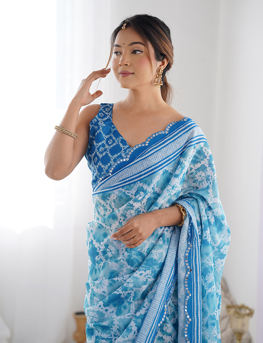 Light Blue Chinon Digital Print Classic Saree