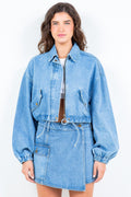 Trendy girls cropped trucker jacket with drawstring waist and zipper front closure