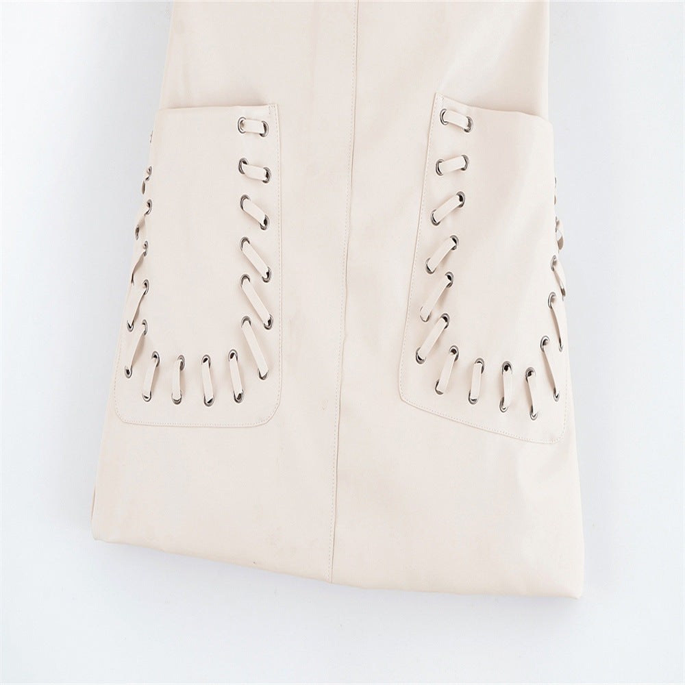 Off-White Mini Skirt with Decorative Lace-Up Pockets for Women - Image 2