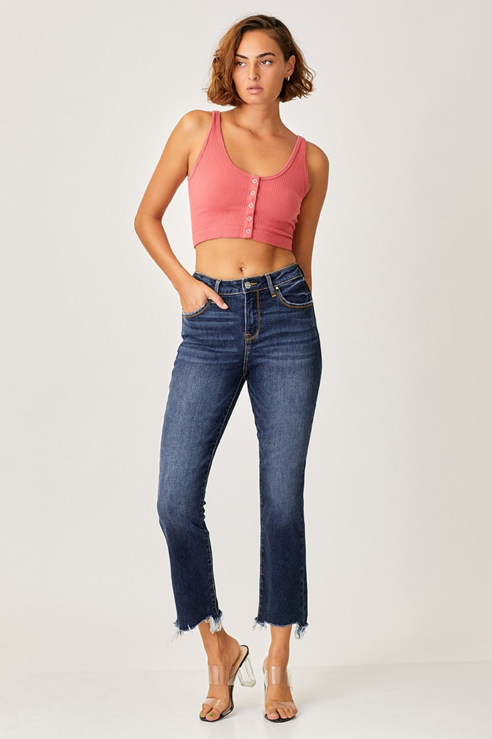 Risen Frayed Hem Cropped Straight Jeans | Cotton Blend
