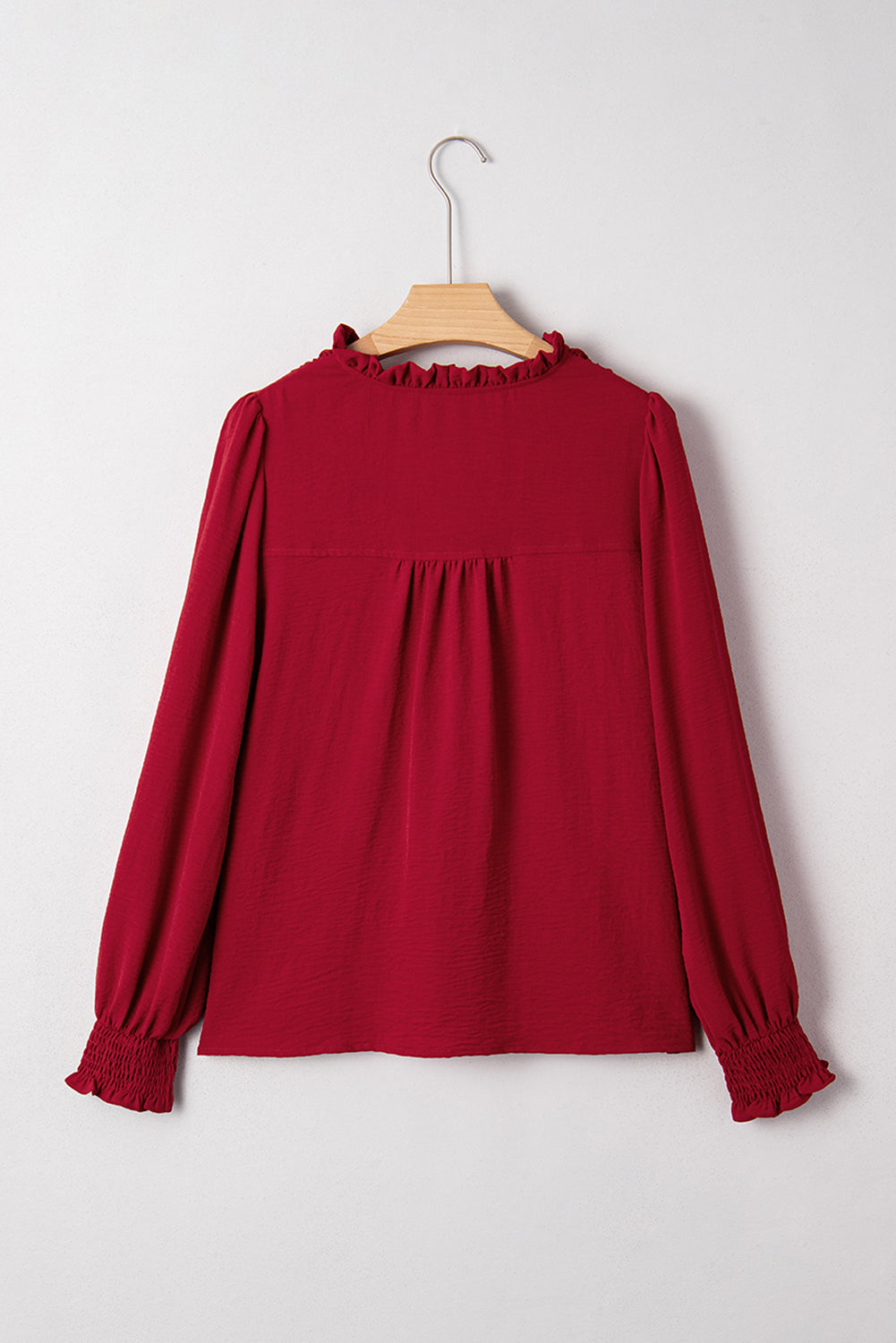 Solid Notched Neck Shirred Cuff Long Sleeve Blouse