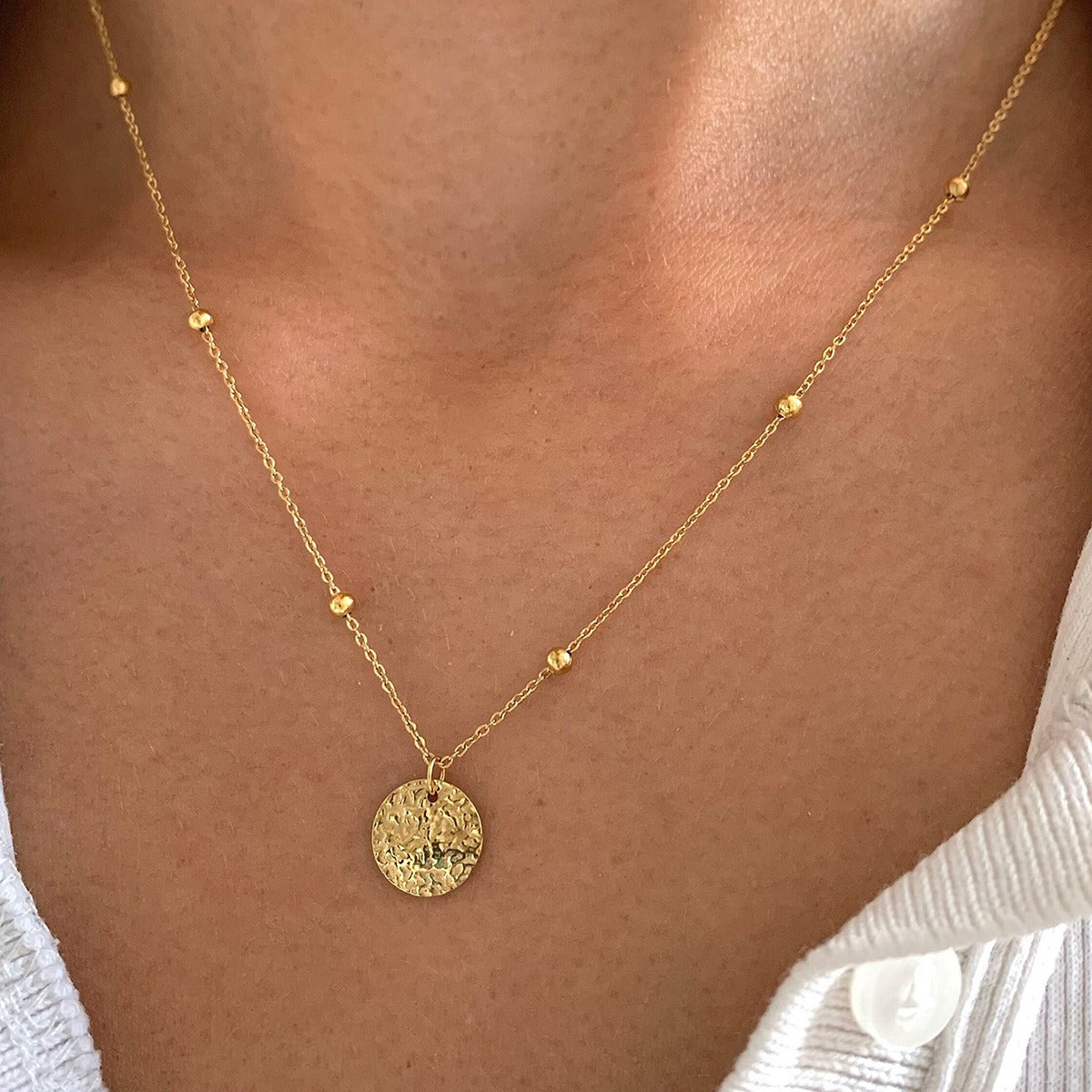 18K Gold Embossed Round Disc Necklace Minimalist Pendant Jewelry