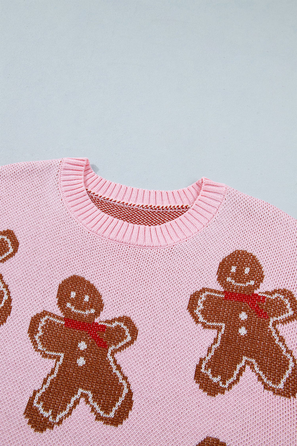 Christmas Gingerbread Ribbed Trim Round Neck Sweater