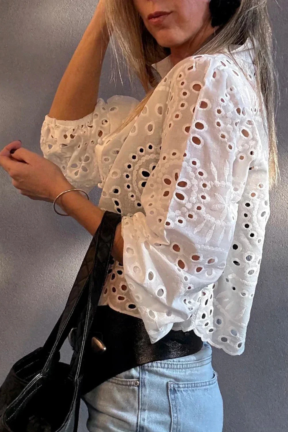 Eyelet Embroidered Puff Sleeve Cropped Cotton Shirt