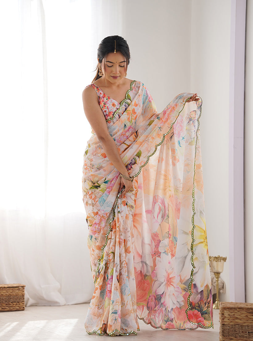Multi-Color Chinon Digital Print Classic Saree for Festive Wear