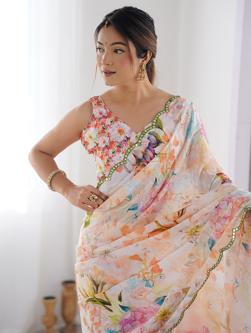 Multi-Color Chinon Digital Print Classic Saree for Festive Wear