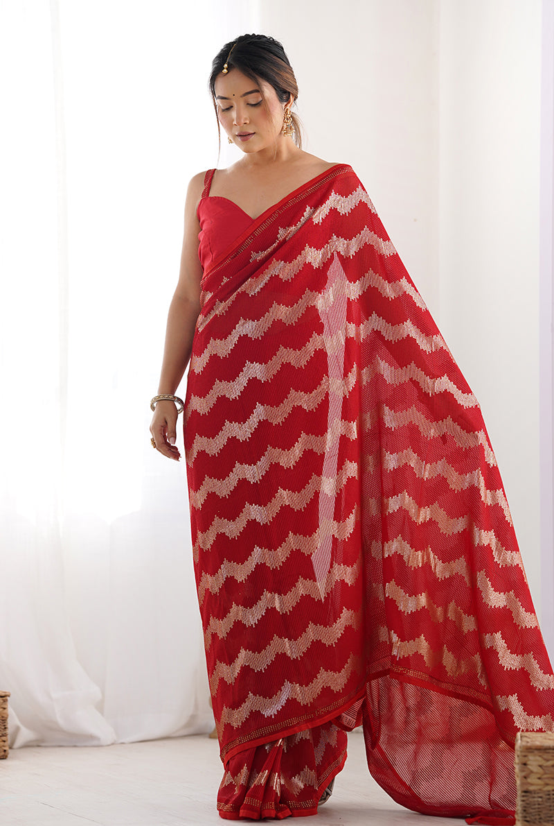 Red Sequins Work Georgette Trendy Saree for Glam Events
