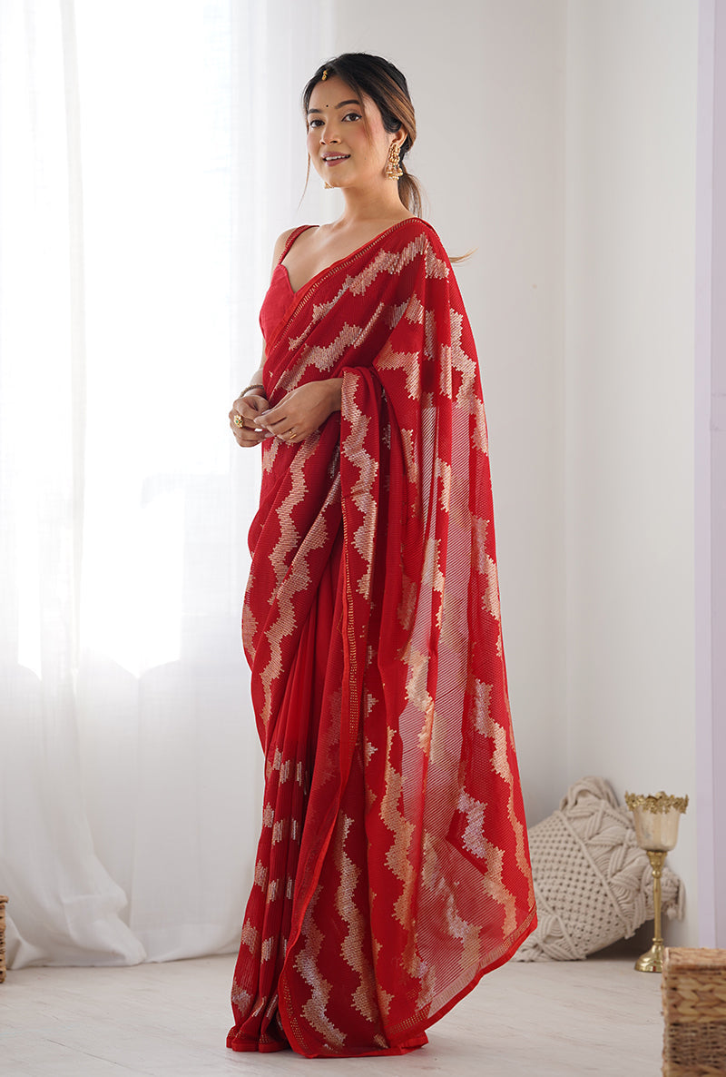 Red Sequins Work Georgette Trendy Saree for Glam Events