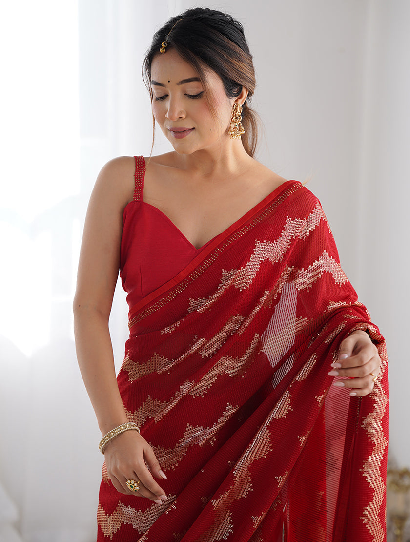Red Sequins Work Georgette Trendy Saree for Glam Events