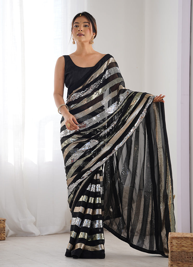 Black Georgette Sequins Work Saree for Party and Festival Wear