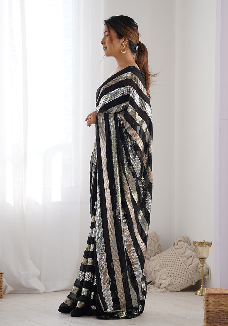 Black Georgette Sequins Work Saree for Party and Festival Wear