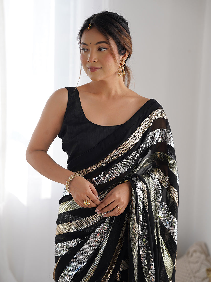Black Georgette Sequins Work Saree for Party and Festival Wear