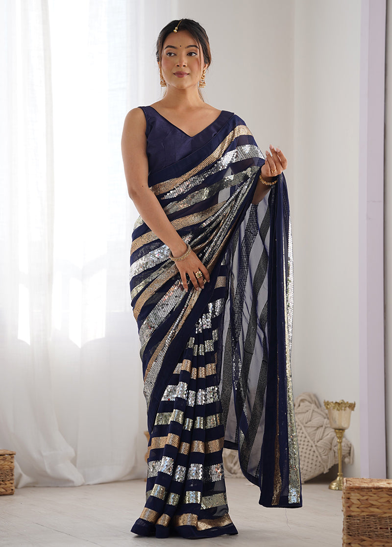 Navy Blue Georgette Saree embellished with sequins for party events