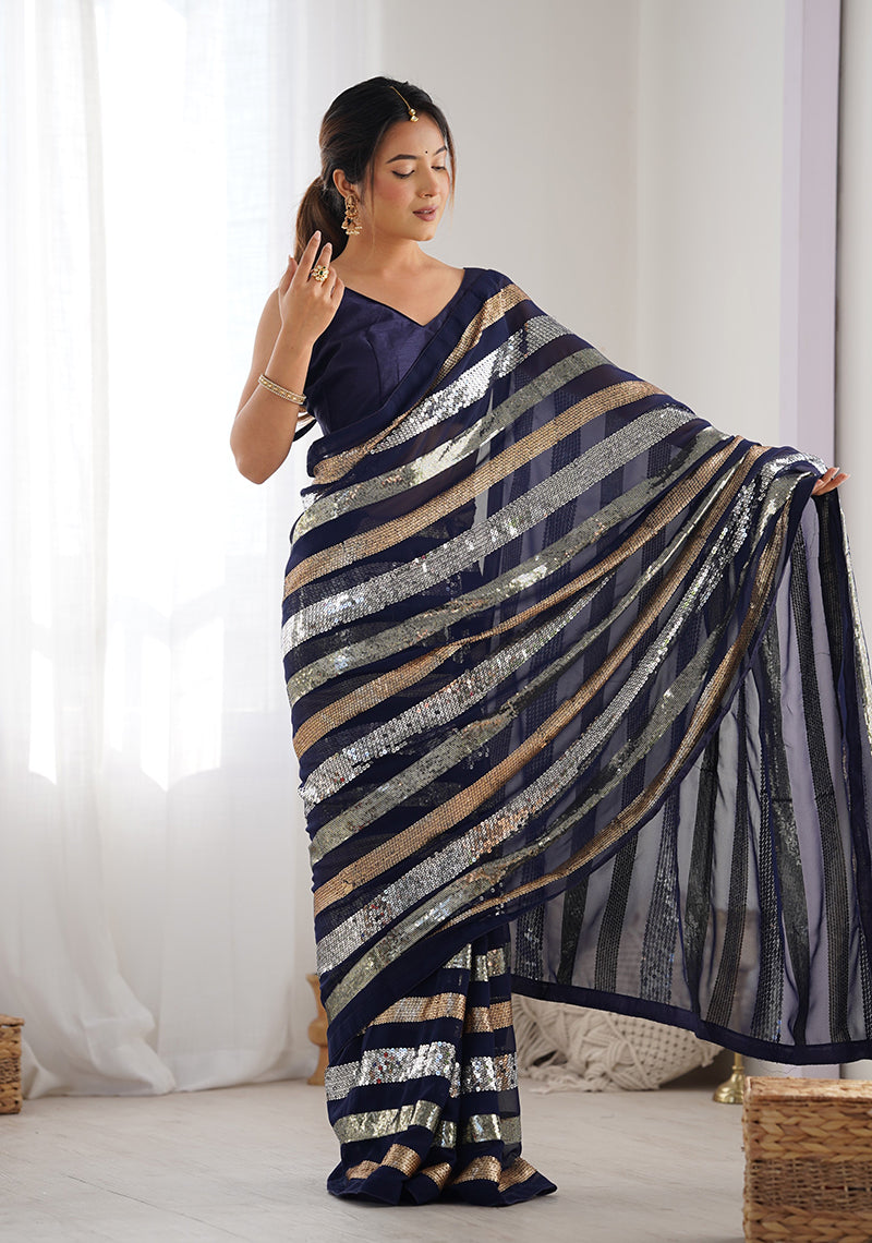 Navy Blue Georgette Saree with Sequins for Party Wear