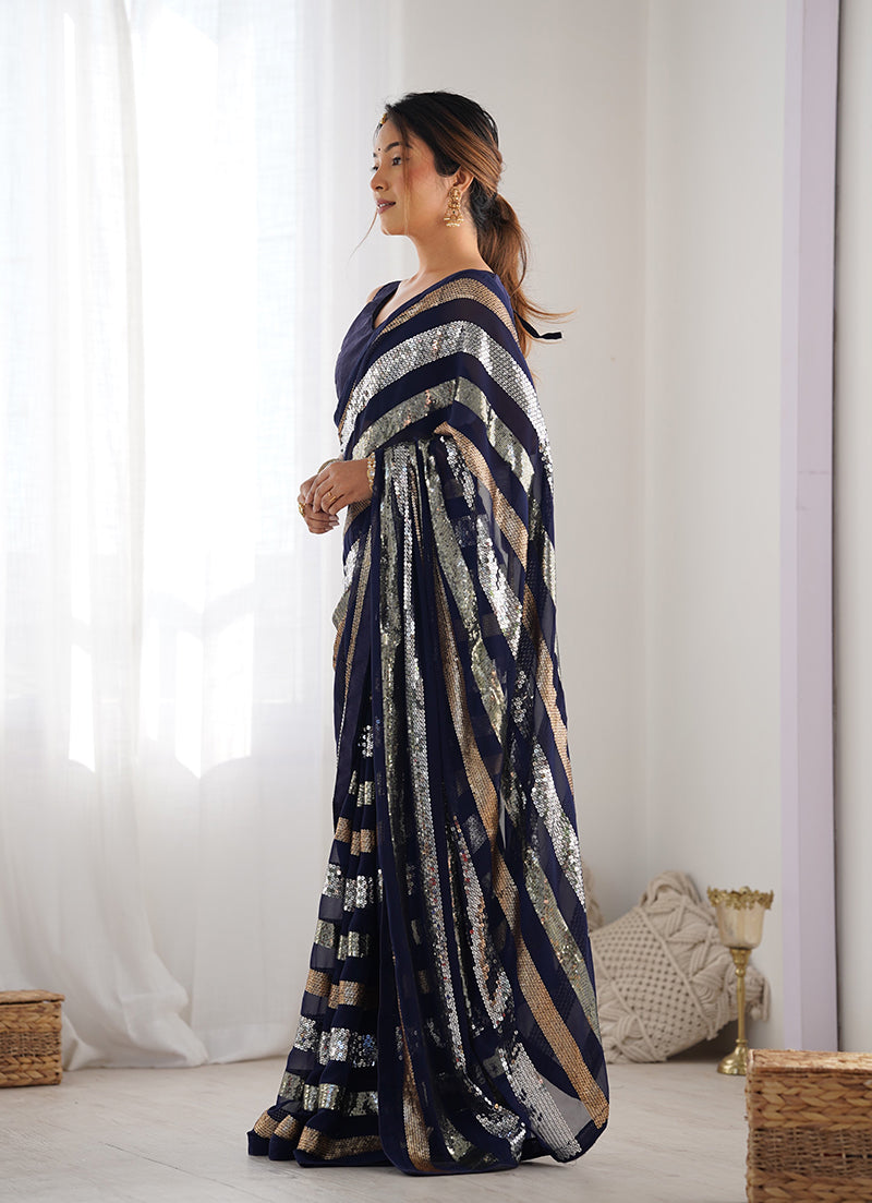Navy Blue Georgette Saree with Sequins for Party Wear