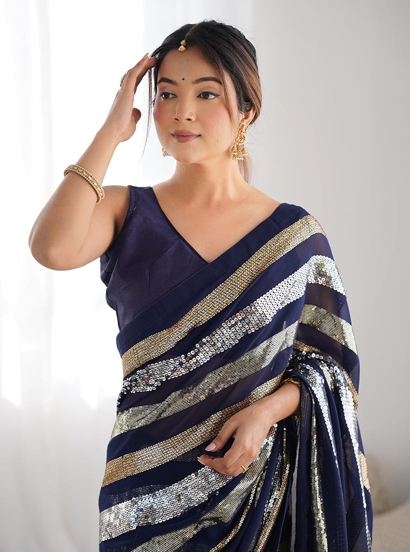 Navy Blue Georgette Saree with Sequins for Party Wear