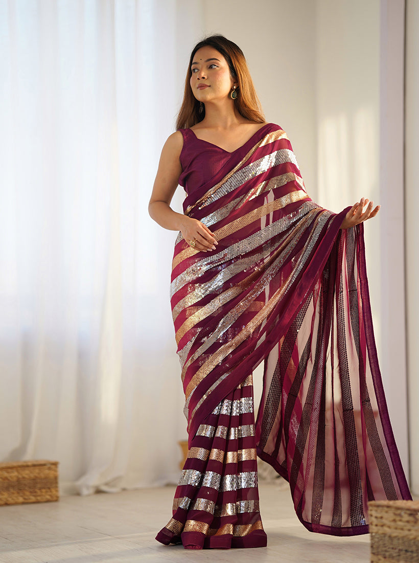 Wine Georgette Sequins Work Festival Party Wear Saree