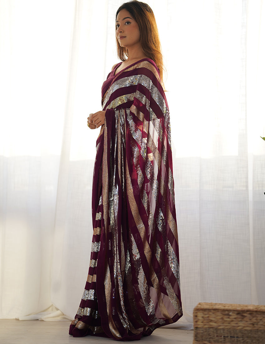 Wine Georgette Sequins Work Festival Party Wear Saree