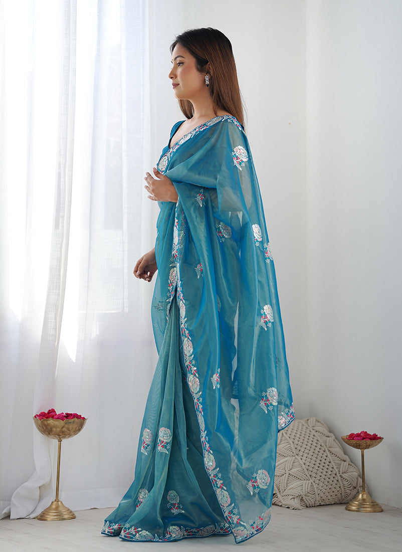 Teal Blue Net Saree with Ethnic Thread and Sequin Embroidery