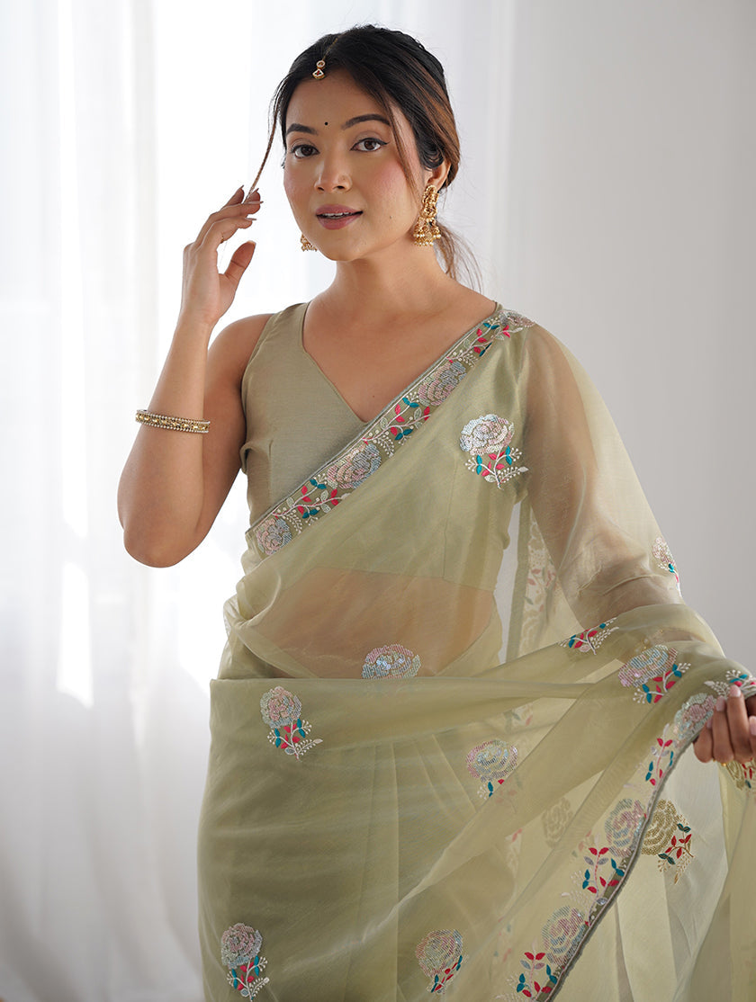 Monjolika Fashion Pista Green Thread Embroidery Net Trendy Saree
