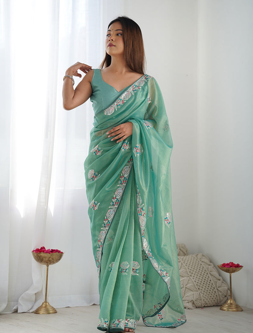 Sea Green Net Saree with Thread Embroidery and Sequins Work