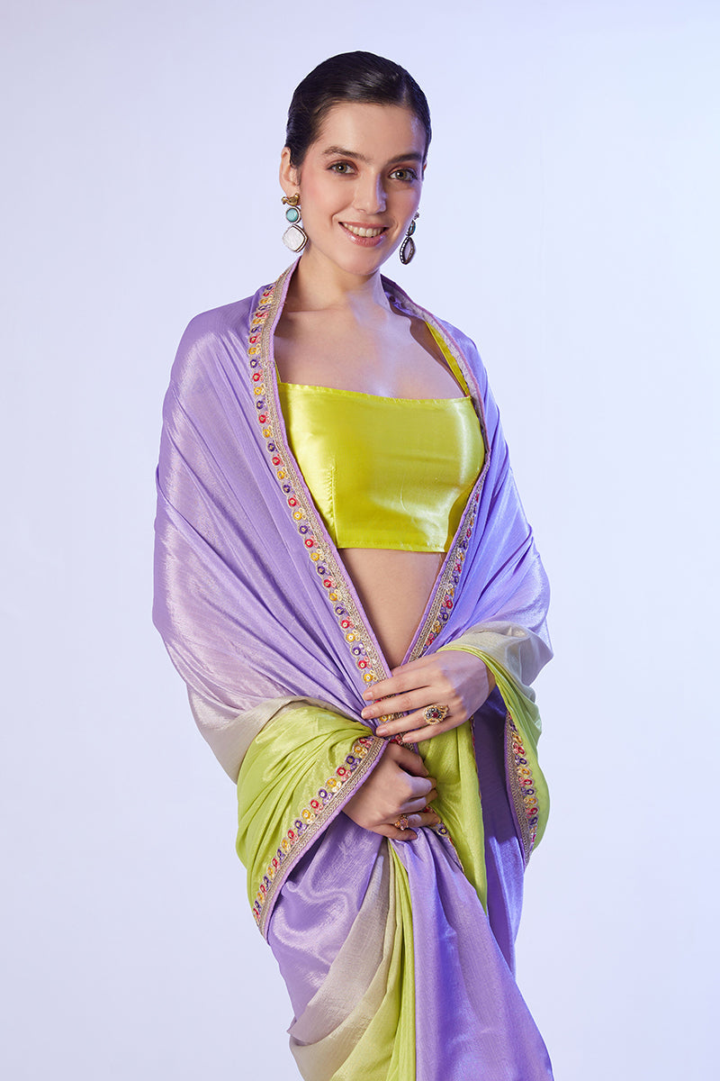 Monjolika Fashion Lavender & Parrot Green Chinon Lace Work Saree With Unstitched Blouse For Women