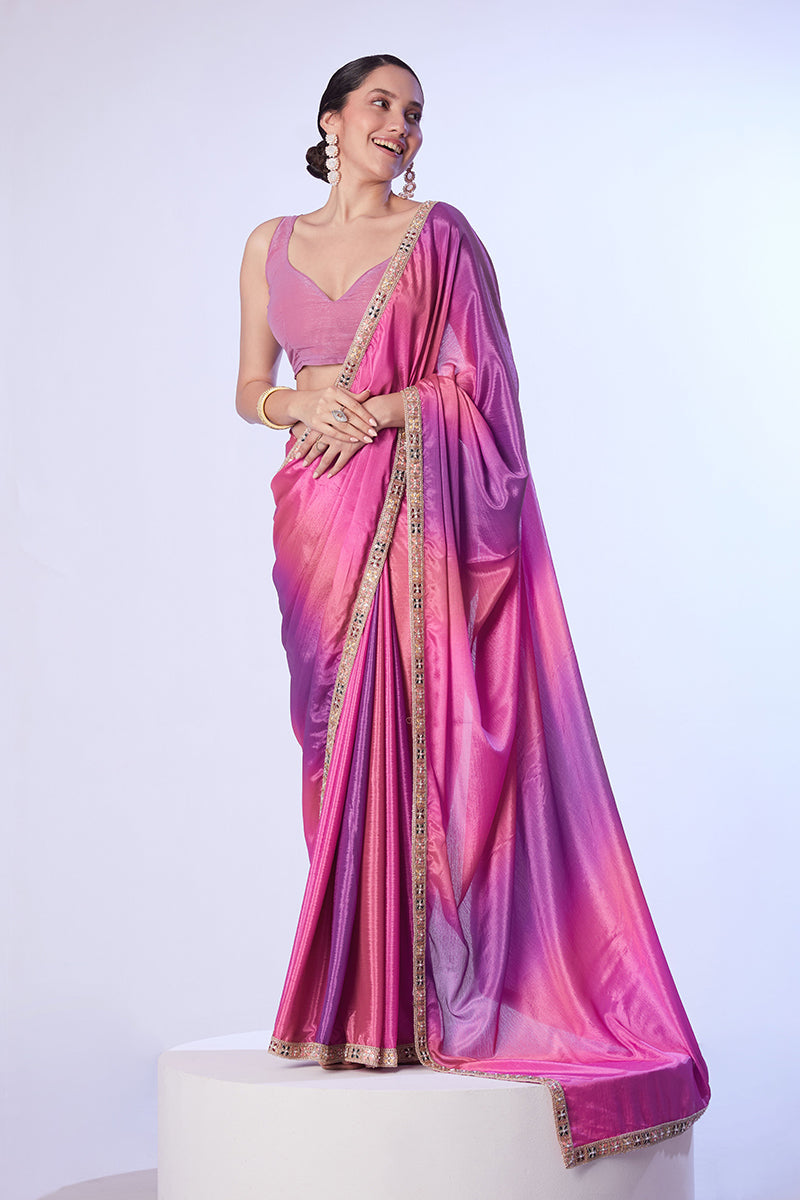 Pink and Lavender Chinon saree featuring intricate lace work with unstitched blouse