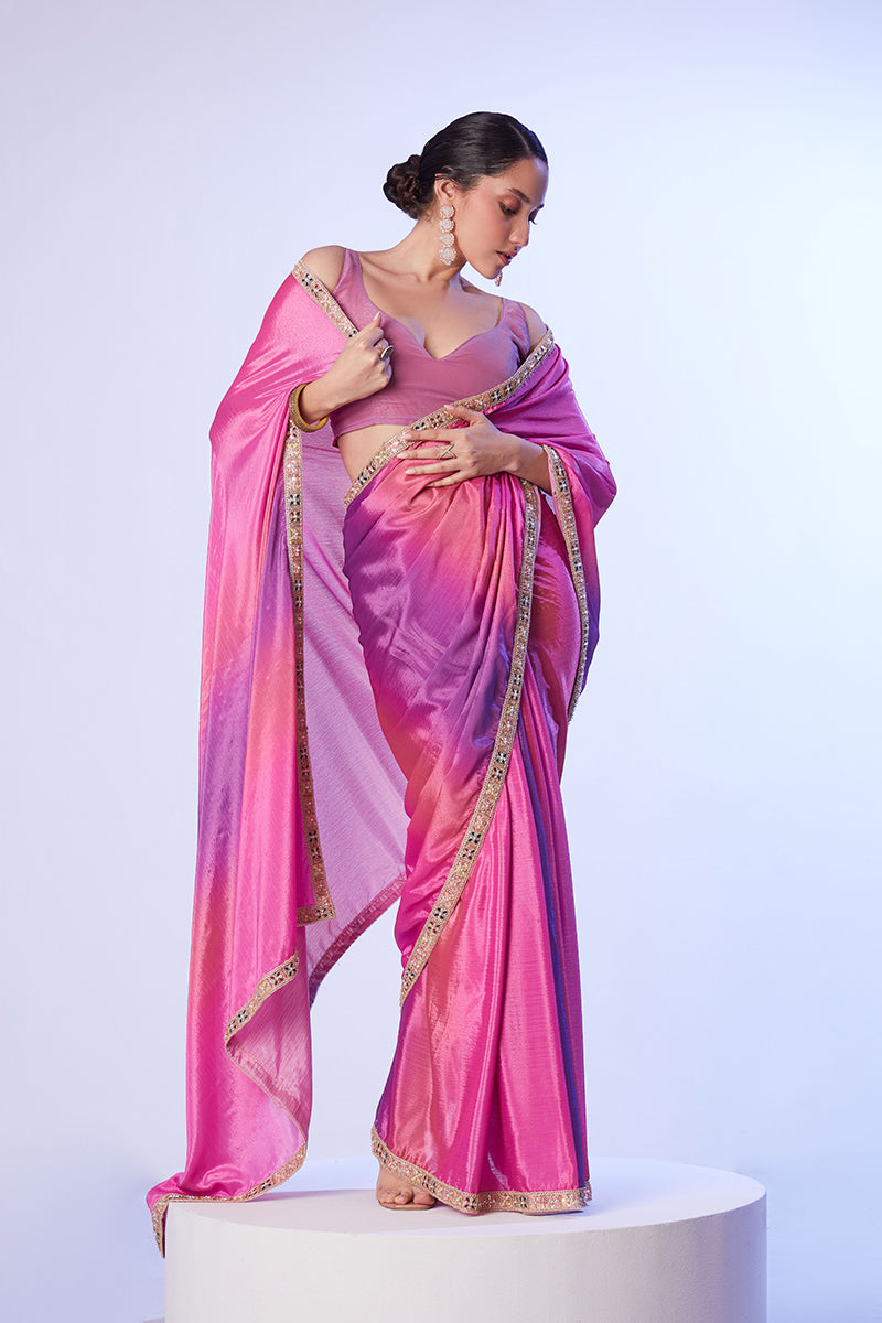 Pink & Lavender Chinon Lace Work Saree with Unstitched Blouse