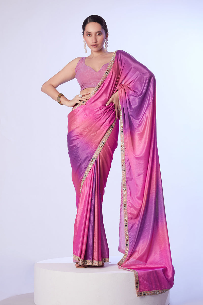 Pink & Lavender Chinon Lace Work Saree with Unstitched Blouse