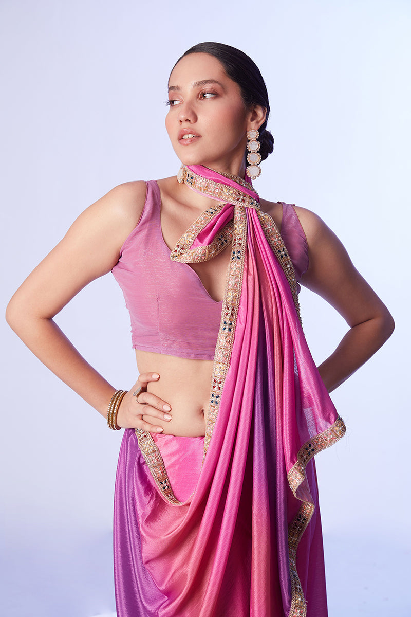 Pink & Lavender Chinon Lace Work Saree with Unstitched Blouse