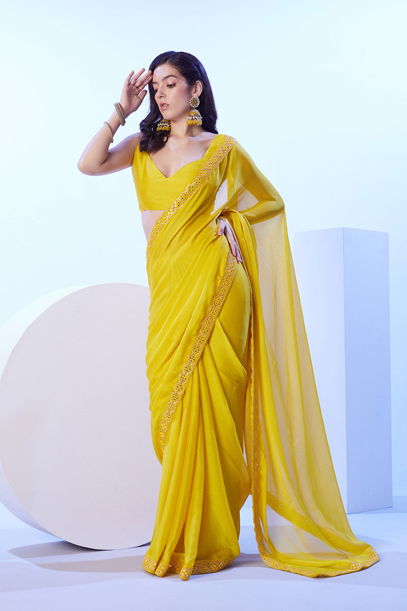 Monjolika Fashion Yellow Moss Lace Work Saree With Unstitched Blouse For Women