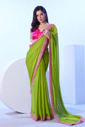 Parrot Green moss saree with elegant lace border and unstitched blouse