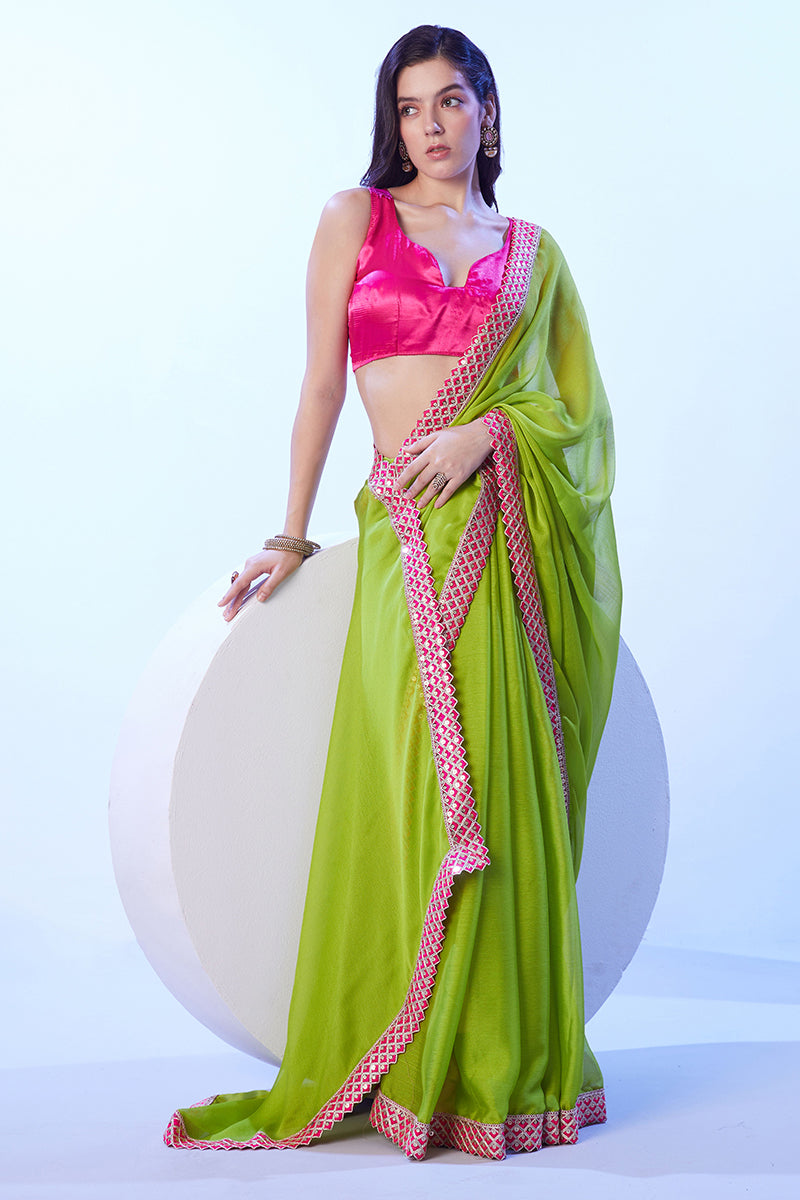Parrot Green Moss Saree with Elegant Lace Work and Blouse