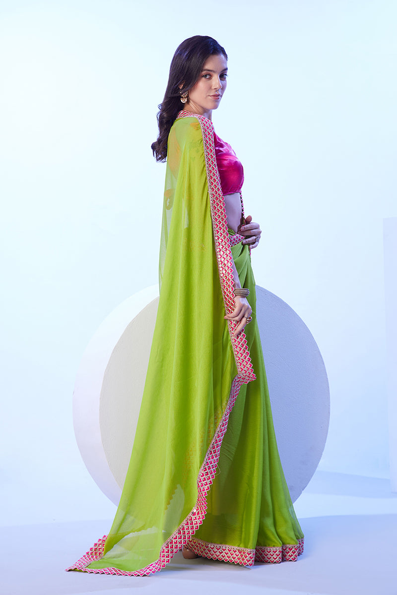 Parrot Green Moss Saree with Elegant Lace Work and Blouse